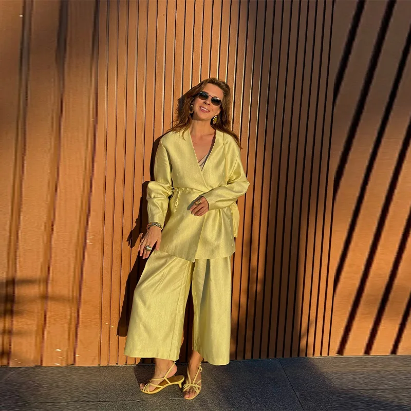 Women's Exquisite Luxury Satin Loose Jacket Wide Leg Pants Suit 2026 Casual Elegant V Neck Cinched Waist Jacket Chic Trouser Set