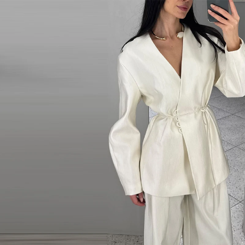 Women's Exquisite Luxury Satin Loose Jacket Wide Leg Pants Suit 2026 Casual Elegant V Neck Cinched Waist Jacket Chic Trouser Set