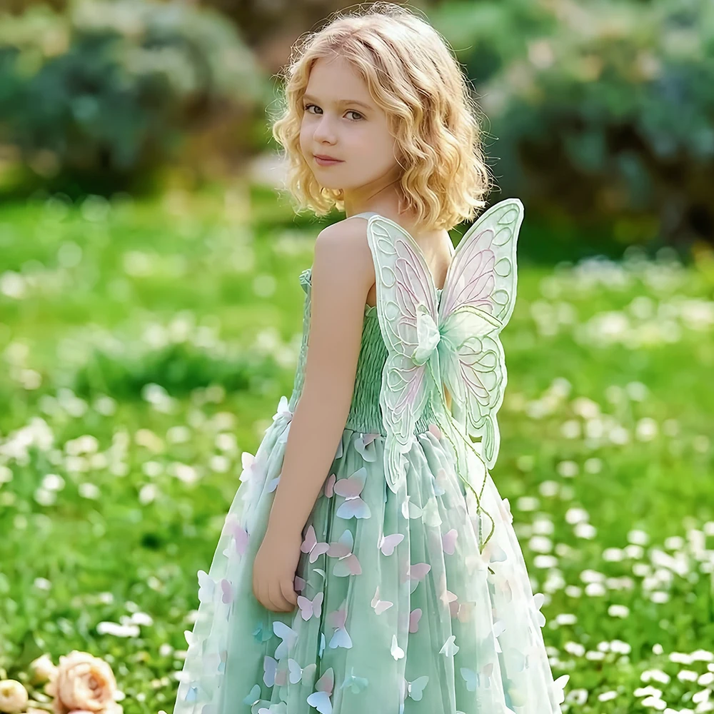 Girls Green Butterfly Dress Summer Children Colorful Mesh Dress Baby Sling Wings Princess Dress for Birthday 2-6T