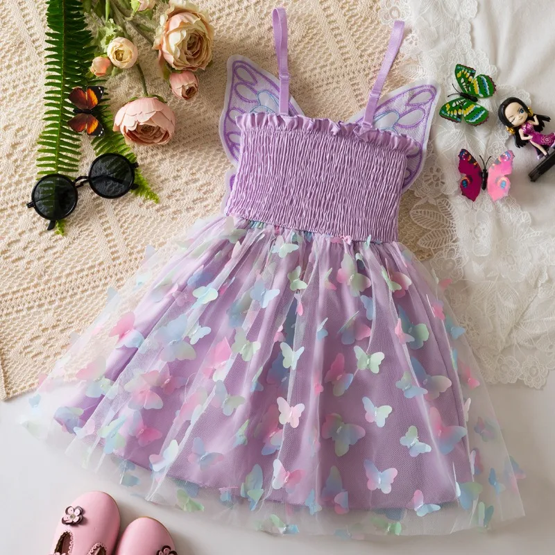 Girls Green Butterfly Dress Summer Children Colorful Mesh Dress Baby Sling Wings Princess Dress for Birthday 2-6T