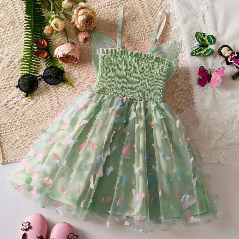 Girls Green Butterfly Dress Summer Children Colorful Mesh Dress Baby Sling Wings Princess Dress for Birthday 2-6T