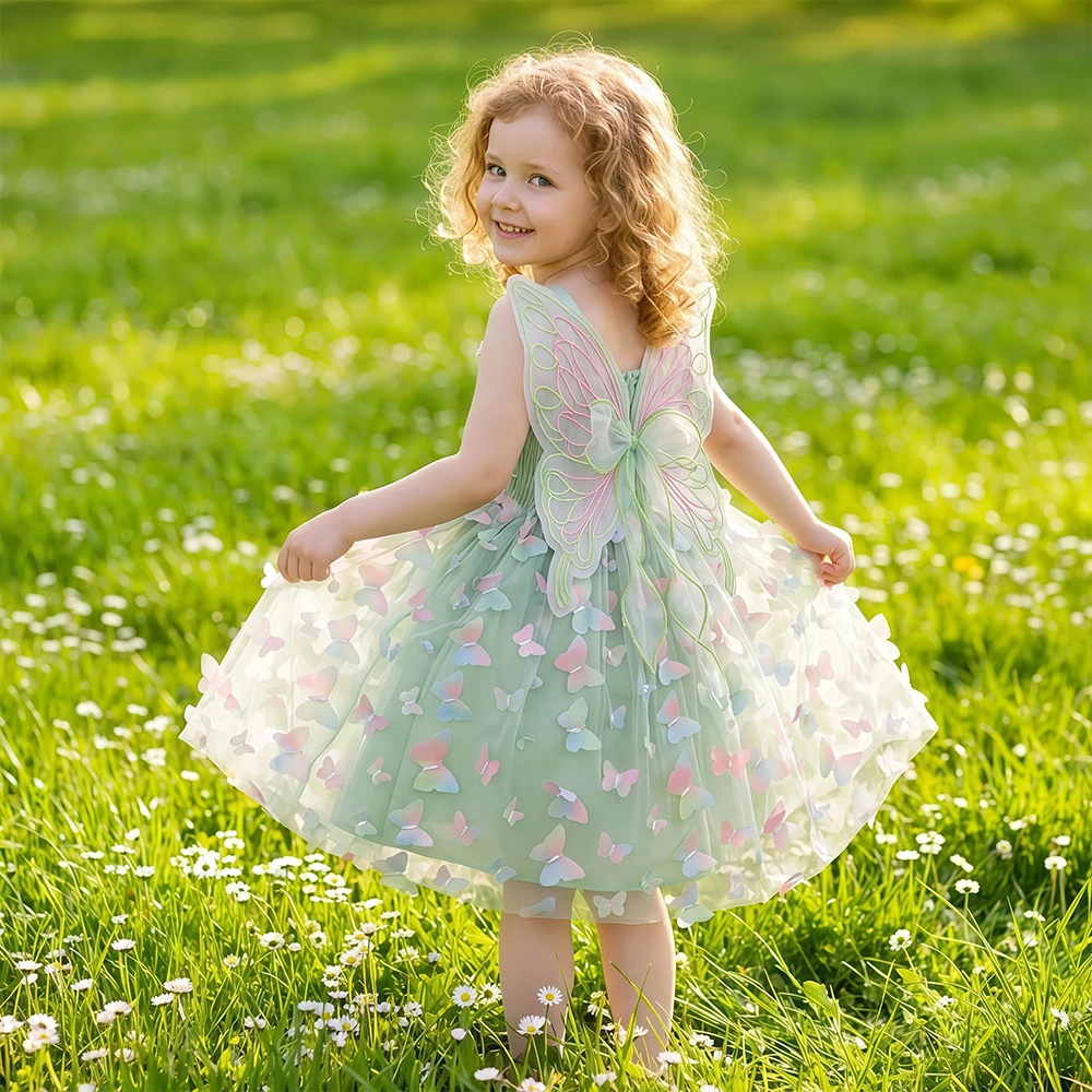Girls Green Butterfly Dress Summer Children Colorful Mesh Dress Baby Sling Wings Princess Dress for Birthday 2-6T