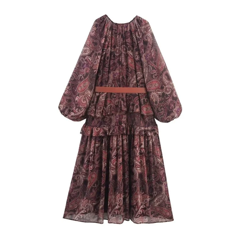 Trendy Bohemian Vintage Long Dress Spring V Neck Puff Sleeve Belted Paisley Print Elegant Casual Daily Dress for Women
