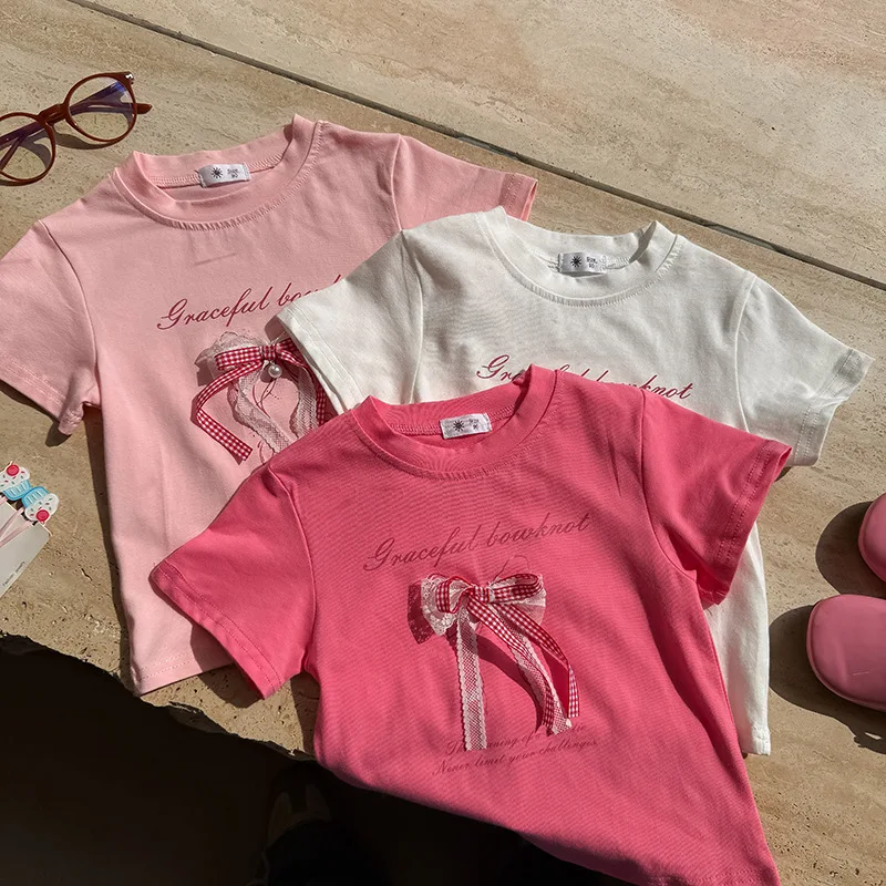 Girls Thin Clothing For Princess Kids Summer Short Sleeve T-Shirts Bowknot