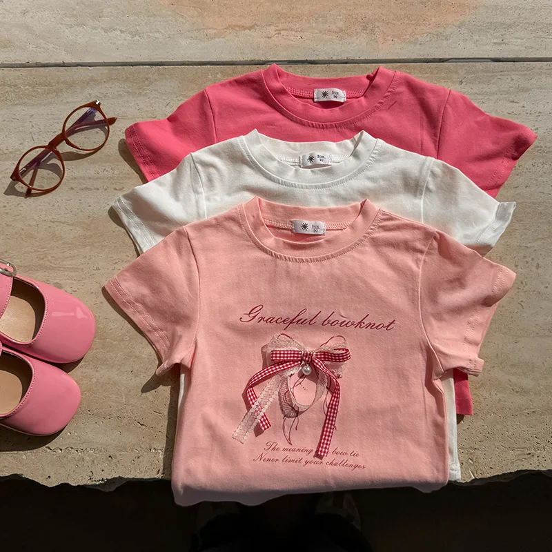 Girls Thin Clothing For Princess Kids Summer Short Sleeve T-Shirts Bowknot