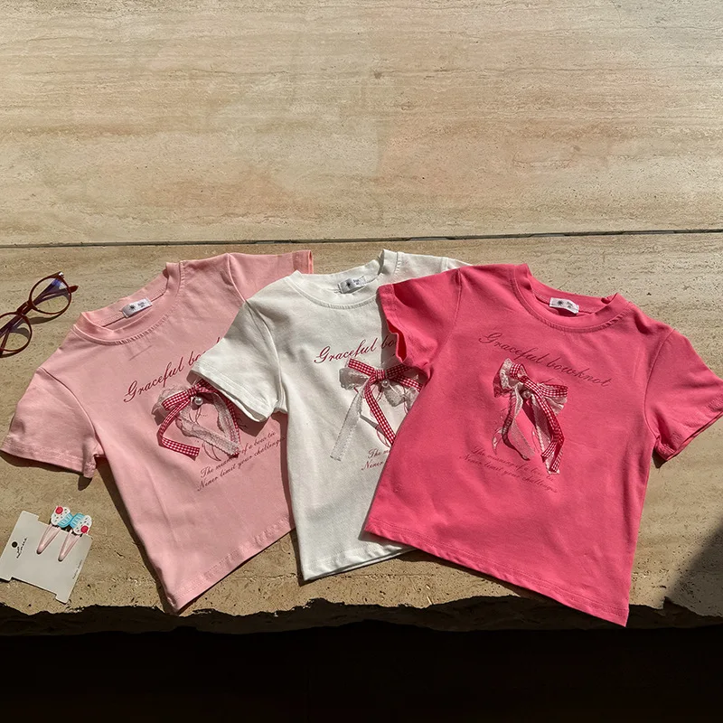 Girls Thin Clothing For Princess Kids Summer Short Sleeve T-Shirts Bowknot