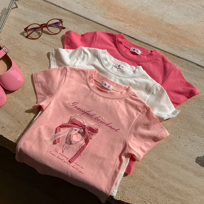 Girls Thin Clothing For Princess Kids Summer Short Sleeve T-Shirts Bowknot