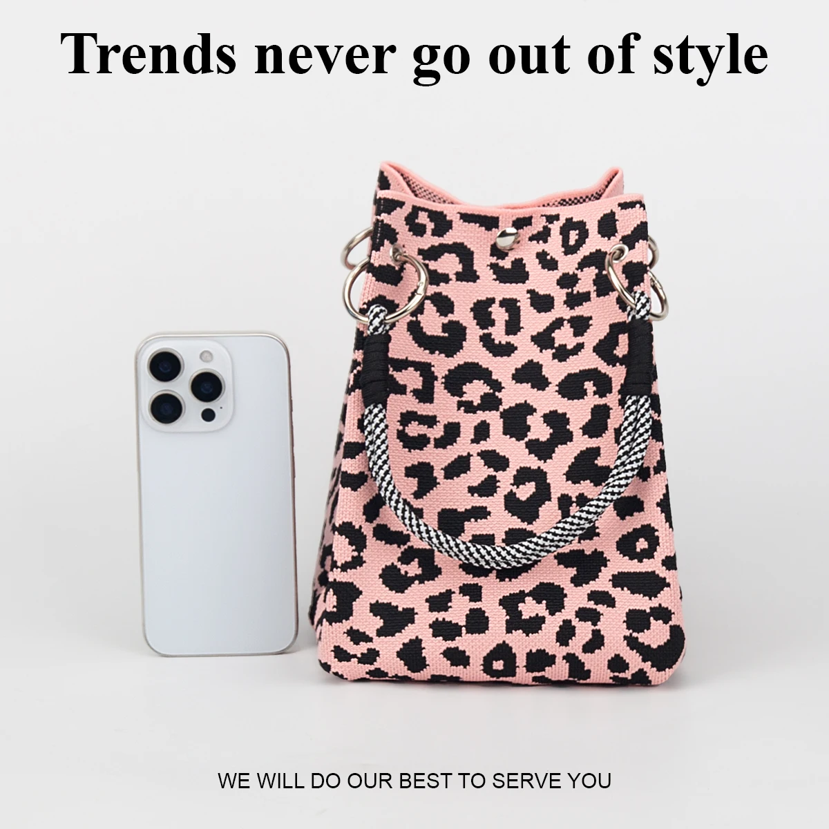 1 Piece of Vintage Leopard Print Knitted Handbag, with Snap Closure, Large Capacity for Holding Mobile Phones, Books, Water Bottles, Cosmetics, Suitable for Women for Shopping, Photography, Travel, Vacation, and Commuting, with Detachable Ring Buckle and Sturdy Multicolor Rope Handle