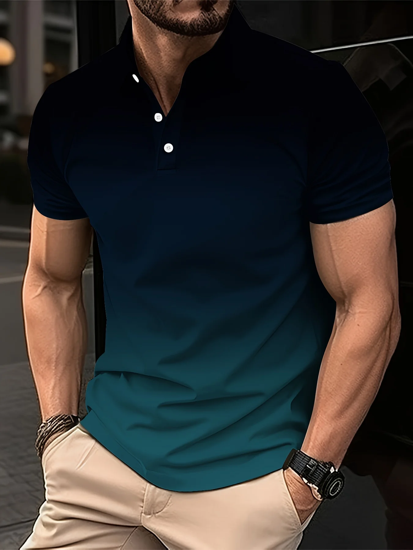 2026 Summer Men's Fashion Gradient Polo Shirt with Flip Collar and Short Sleeve Design, Casual and Breathable