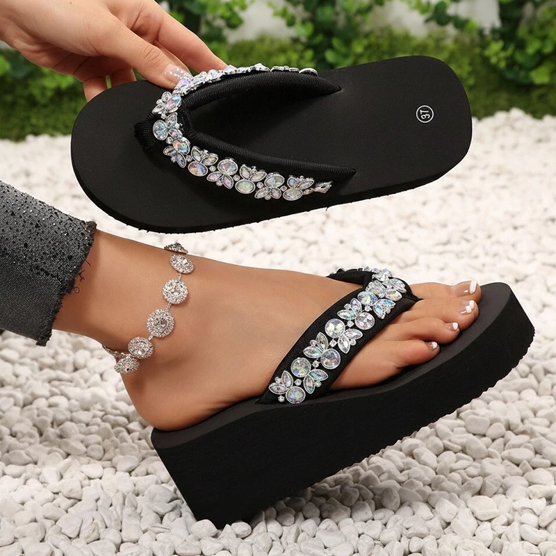 Luxury Rhinestone Wedges Flip Flops Women Plus Size 43 Platform Thick Bottom Slippers Woman 2026 Summer Light Outdoor Sandals