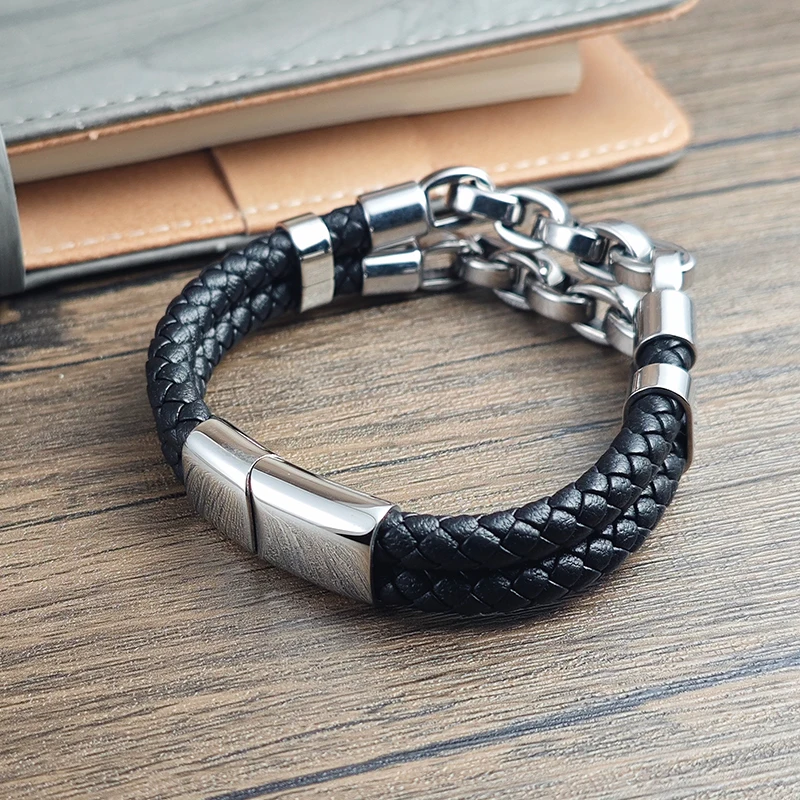 Multi Layer Men's Leather Bracelet Stainless Steel Mechanical Feel Cuban Chain Geometric Pattern Bangles for Male Jewelry Gift