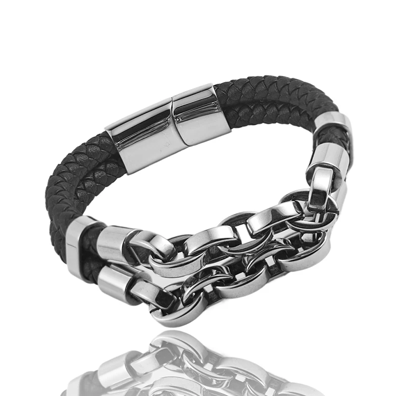 Multi Layer Men's Leather Bracelet Stainless Steel Mechanical Feel Cuban Chain Geometric Pattern Bangles for Male Jewelry Gift