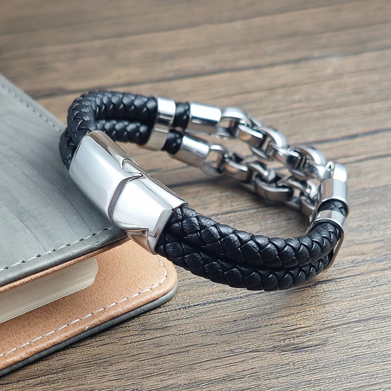 Multi Layer Men's Leather Bracelet Stainless Steel Mechanical Feel Cuban Chain Geometric Pattern Bangles for Male Jewelry Gift