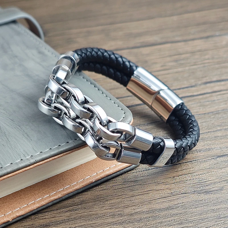 Multi Layer Men's Leather Bracelet Stainless Steel Mechanical Feel Cuban Chain Geometric Pattern Bangles for Male Jewelry Gift