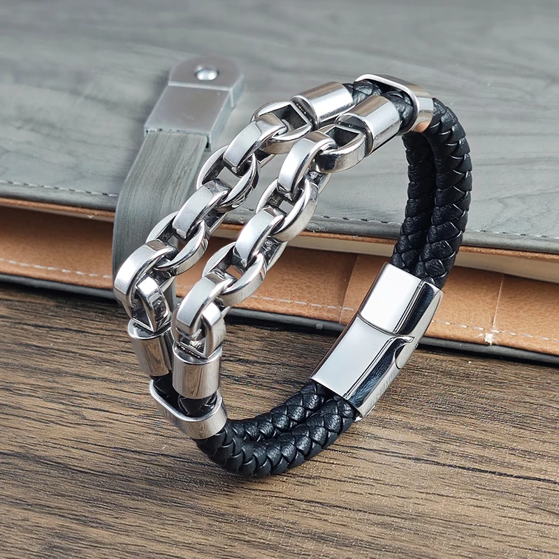 Multi Layer Men's Leather Bracelet Stainless Steel Mechanical Feel Cuban Chain Geometric Pattern Bangles for Male Jewelry Gift