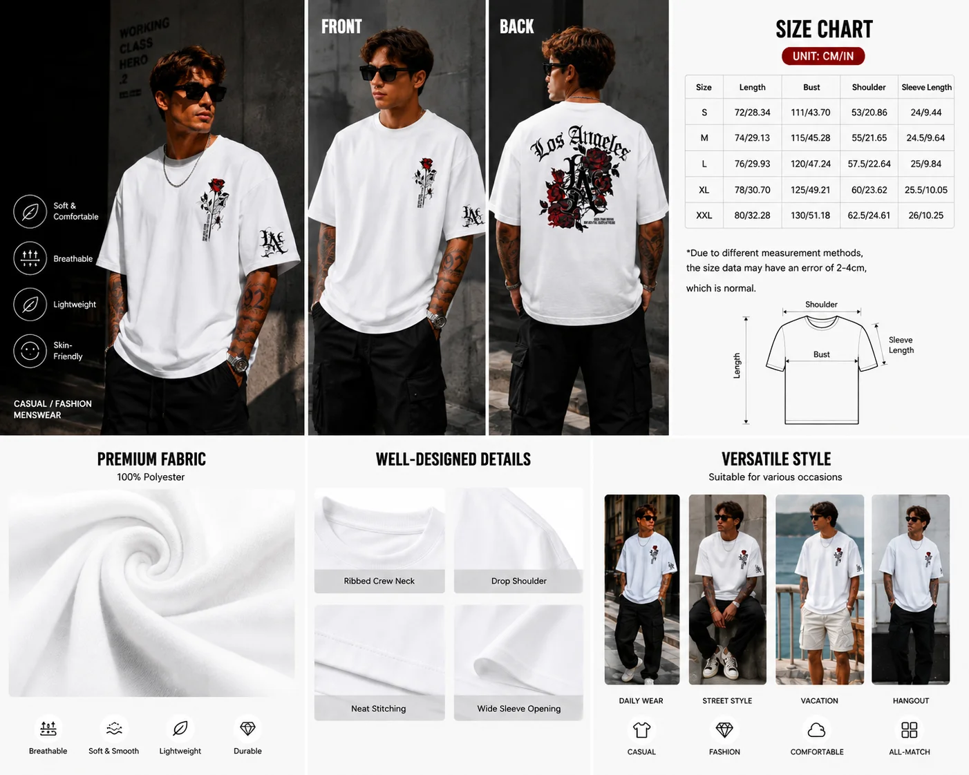 Men's Gothic Streetwear T-Shirt Los Angeles LA & Red Rose Graphic Print Crew Neck Short Sleeve Polyester Tops S-XXL