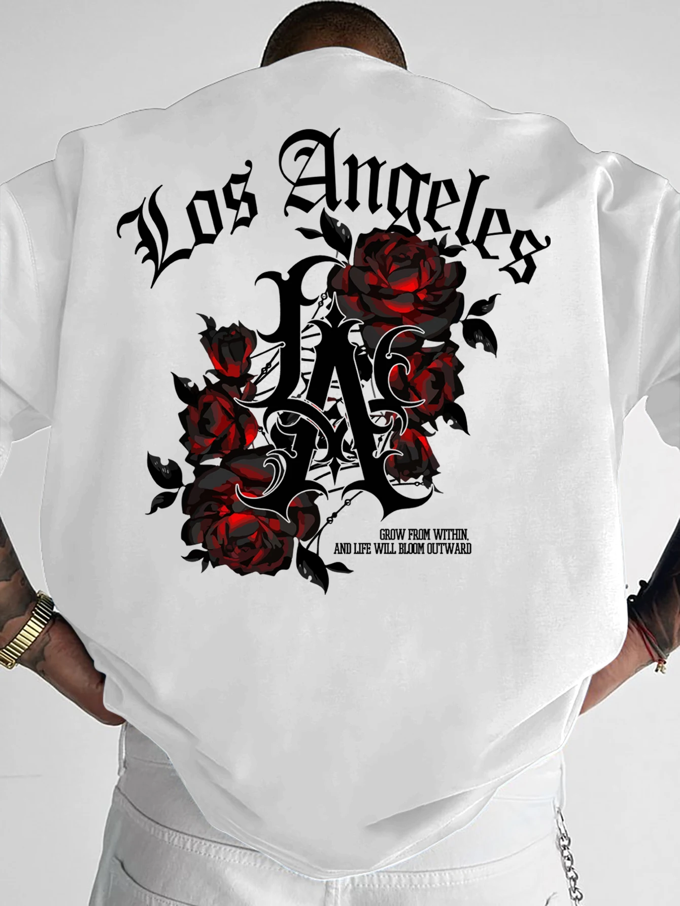Men's Gothic Streetwear T-Shirt Los Angeles LA & Red Rose Graphic Print Crew Neck Short Sleeve Polyester Tops S-XXL