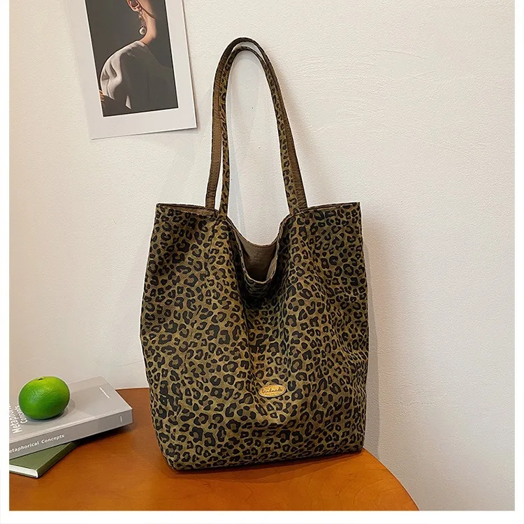 Leopard Print Reversible Canvas Tote Bag Women Large Capacity Casual College Style Shoulder Handbag for Daily Commute