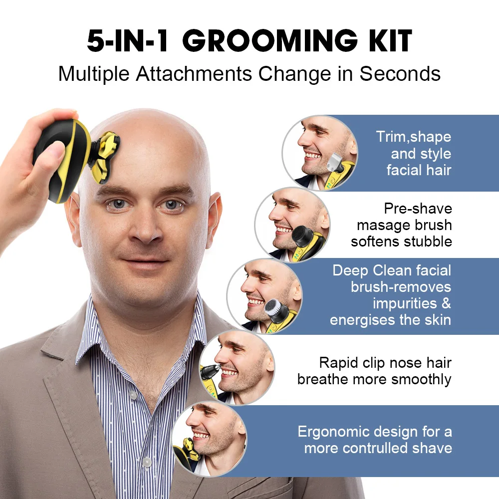 5-in-1 360° 5-Head Men's Electric Shaver, Rechargeable Bald Head Trimmer, Waterproof Wet/Dry Grooming Kit with Nose Hair Trimmer