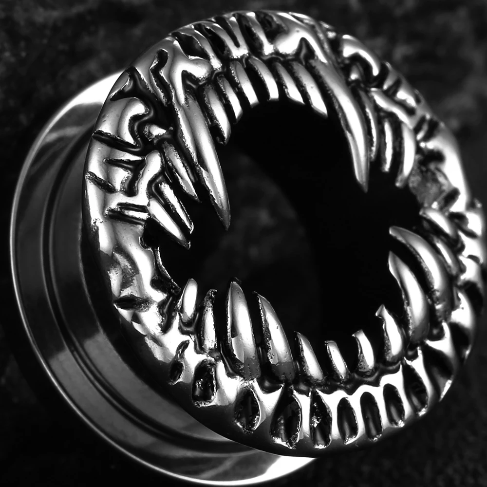 Casvort 2PCS 316 Stainless Steel Beast Fangs Ear Tunnels Monster Mouth Ear Plugs Gauges Gothic Punk Body Stretching Jewelry