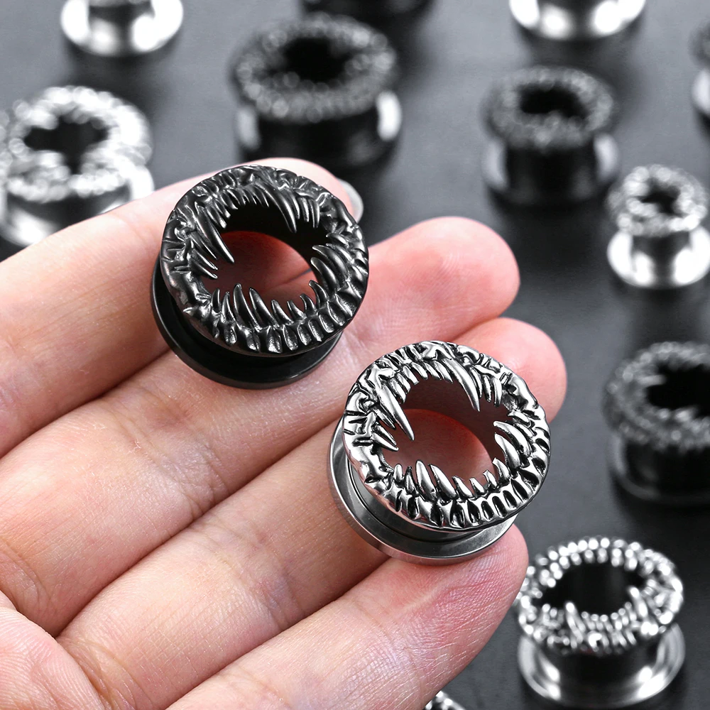 Casvort 2PCS 316 Stainless Steel Beast Fangs Ear Tunnels Monster Mouth Ear Plugs Gauges Gothic Punk Body Stretching Jewelry