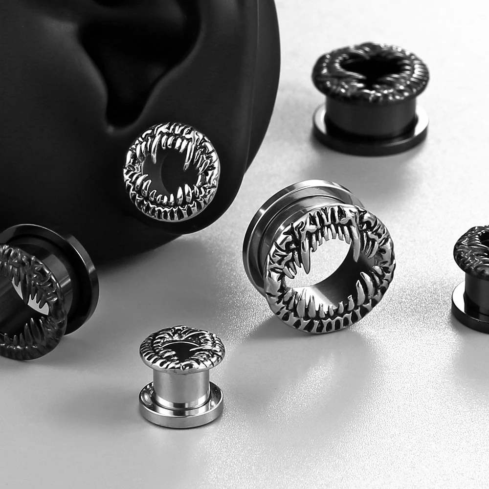 Casvort 2PCS 316 Stainless Steel Beast Fangs Ear Tunnels Monster Mouth Ear Plugs Gauges Gothic Punk Body Stretching Jewelry