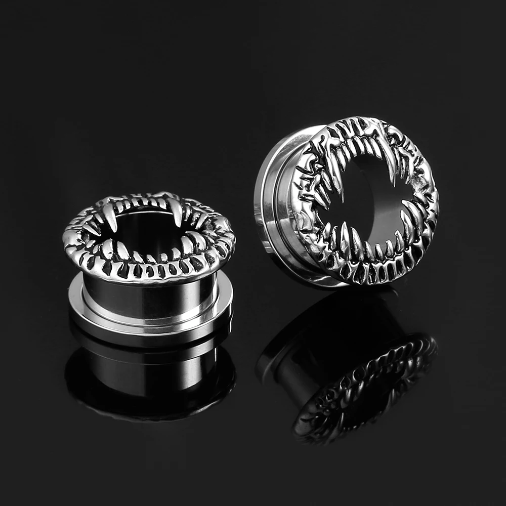 Casvort 2PCS 316 Stainless Steel Beast Fangs Ear Tunnels Monster Mouth Ear Plugs Gauges Gothic Punk Body Stretching Jewelry