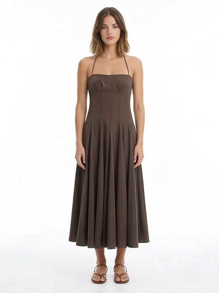 Willshela Women Fashion Pleated Backless Zipper A-Line Midi Dress Vintage Halter Slash Neck Female Chic Lady Dresses