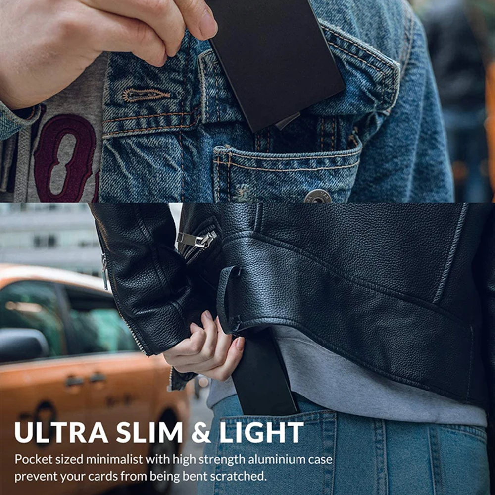 Minimalist Smart Wallet for Men And Women RFID NFC Protected Pop-Up Card Case Metal Credit Holder with Automatic Bottom Push
