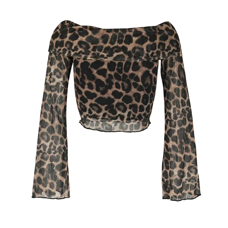 Sexy Women T-shirt Autumn New Streetwear Fashion Long Sleeves O-Neck T-shirt Leopard Off Shoulder Female Versatile Knitted Tees