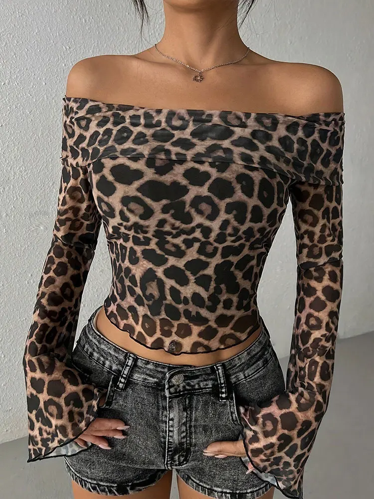 Sexy Women T-shirt Autumn New Streetwear Fashion Long Sleeves O-Neck T-shirt Leopard Off Shoulder Female Versatile Knitted Tees