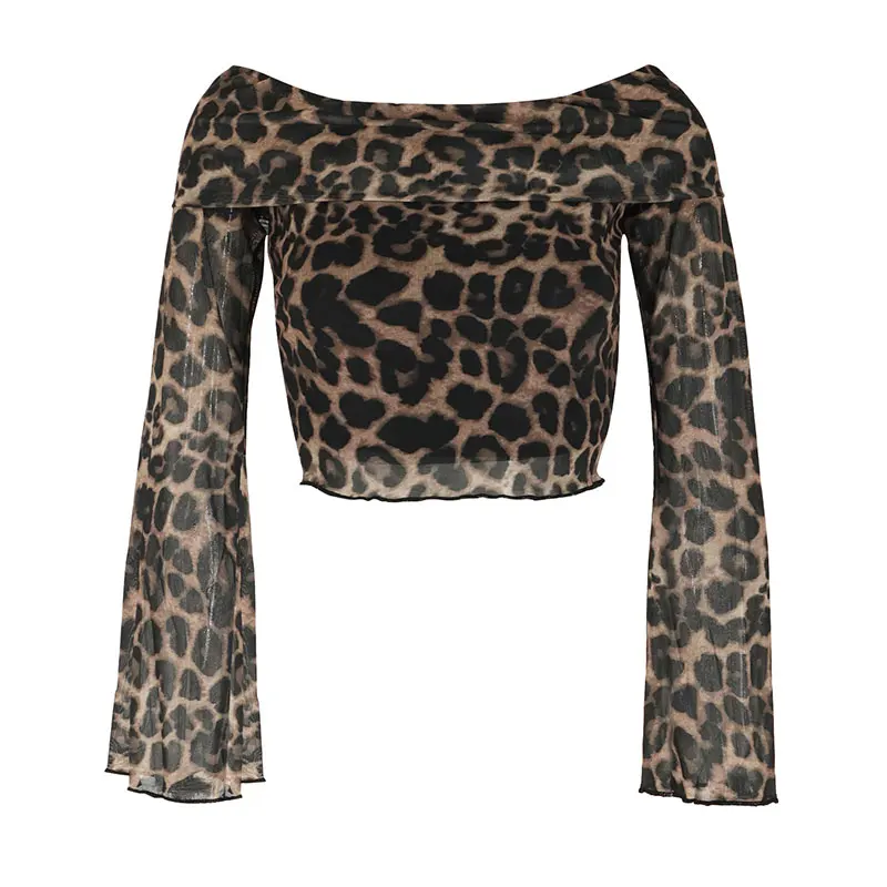 Sexy Women T-shirt Autumn New Streetwear Fashion Long Sleeves O-Neck T-shirt Leopard Off Shoulder Female Versatile Knitted Tees
