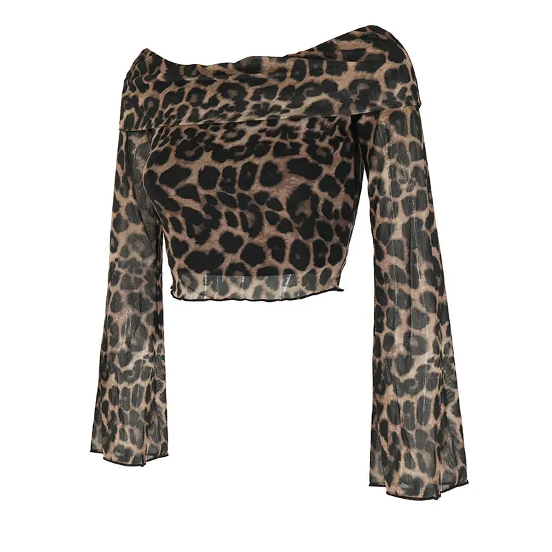 Sexy Women T-shirt Autumn New Streetwear Fashion Long Sleeves O-Neck T-shirt Leopard Off Shoulder Female Versatile Knitted Tees