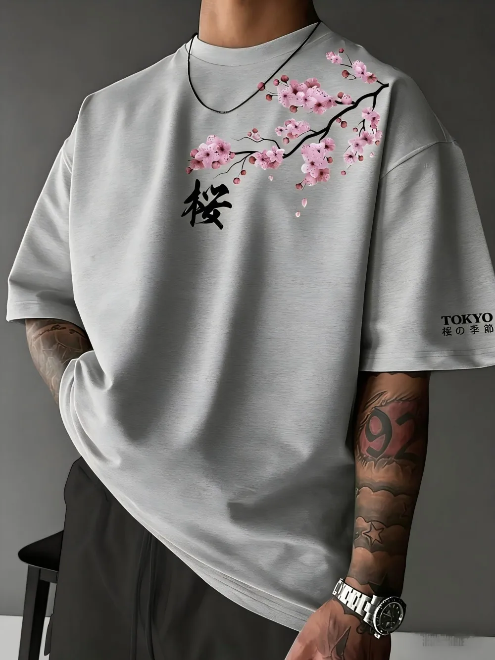 European and American men's summer letter cherry blossom print comfortable and breathable round neck T-shirt outdoor street top