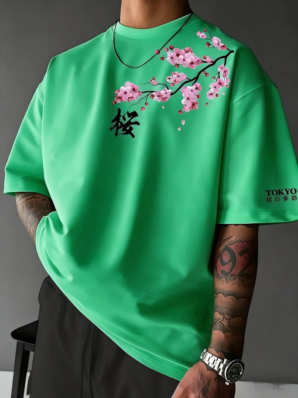 European and American men's summer letter cherry blossom print comfortable and breathable round neck T-shirt outdoor street top
