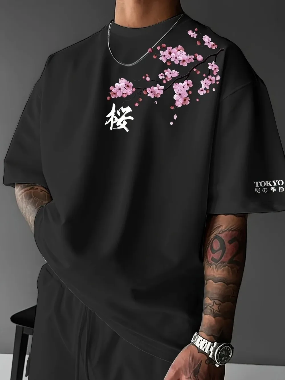 European and American men's summer letter cherry blossom print comfortable and breathable round neck T-shirt outdoor street top
