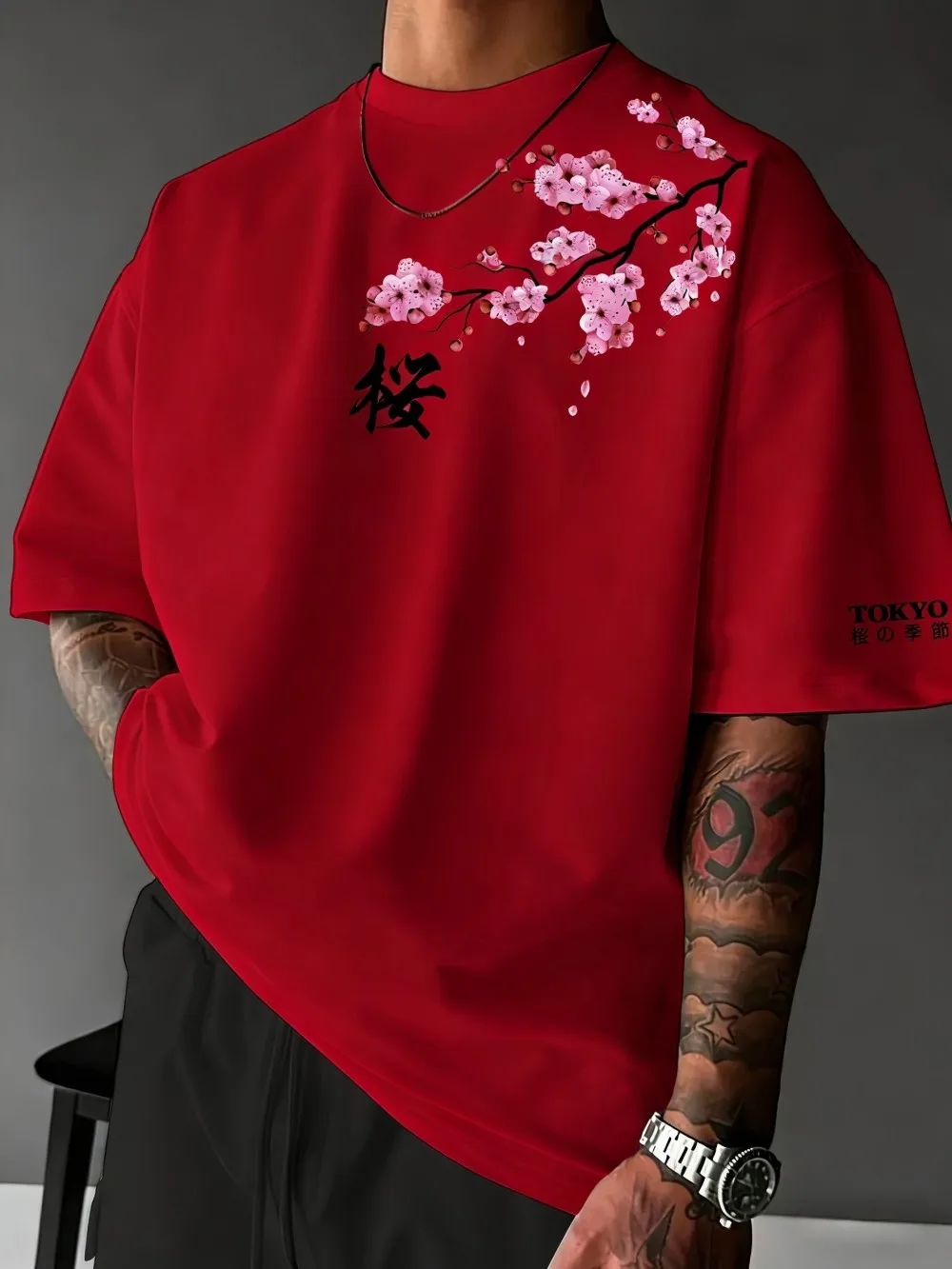 European and American men's summer letter cherry blossom print comfortable and breathable round neck T-shirt outdoor street top