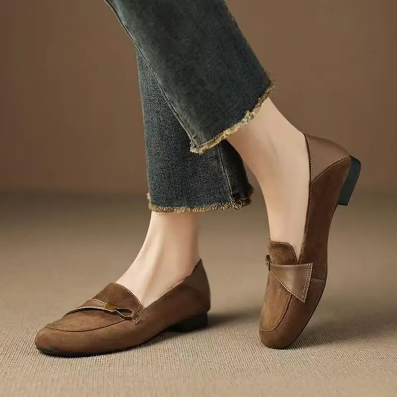 British Style Suede Square Toe Loafers, Metal Decor Low Heel Pumps, Versatile Retro Office Shoes for Women