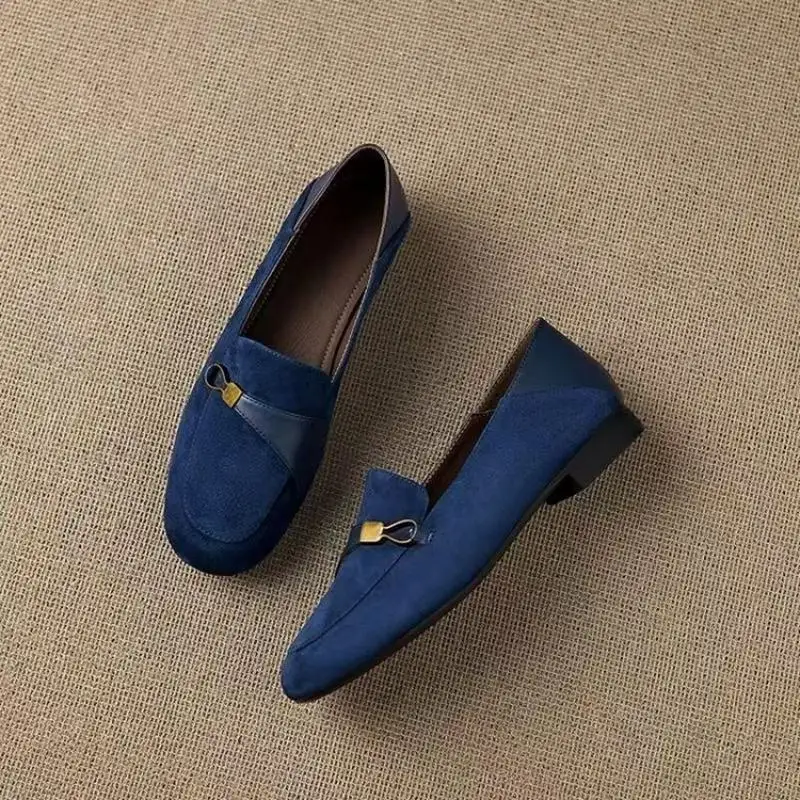 British Style Suede Square Toe Loafers, Metal Decor Low Heel Pumps, Versatile Retro Office Shoes for Women