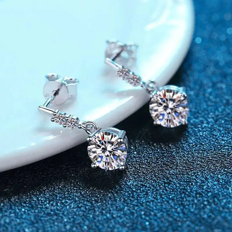 1Carat 2CT Round Moissanite Earrings For Women 925 Sterling Silver Ear-Drops Luxury Fine Jewelry Pass Diamond Tester