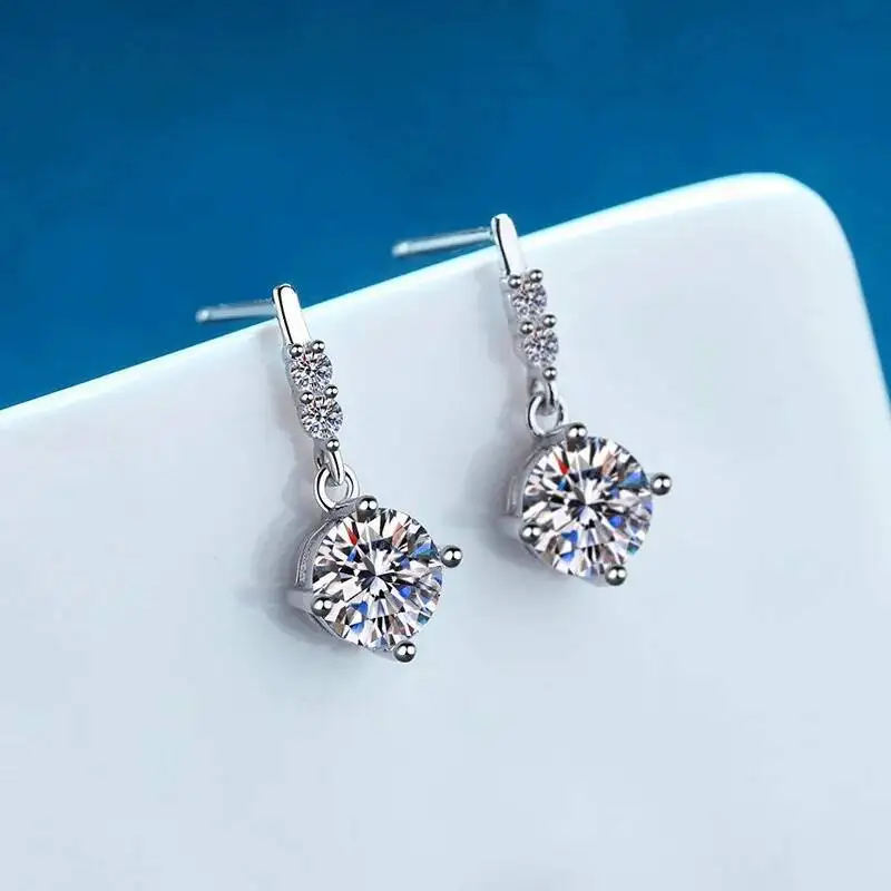 1Carat 2CT Round Moissanite Earrings For Women 925 Sterling Silver Ear-Drops Luxury Fine Jewelry Pass Diamond Tester