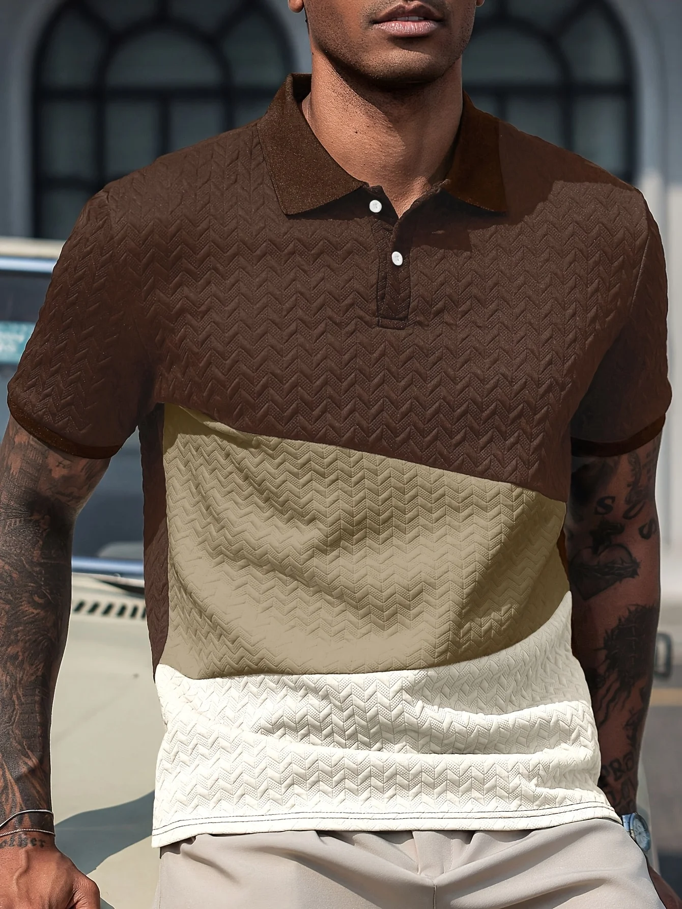 New Summer Short-Sleeved Polo Shirt for Men, Casual Color-Blocked Herringbone Texture Pullover Polo Shirt, Suitable for Everyday