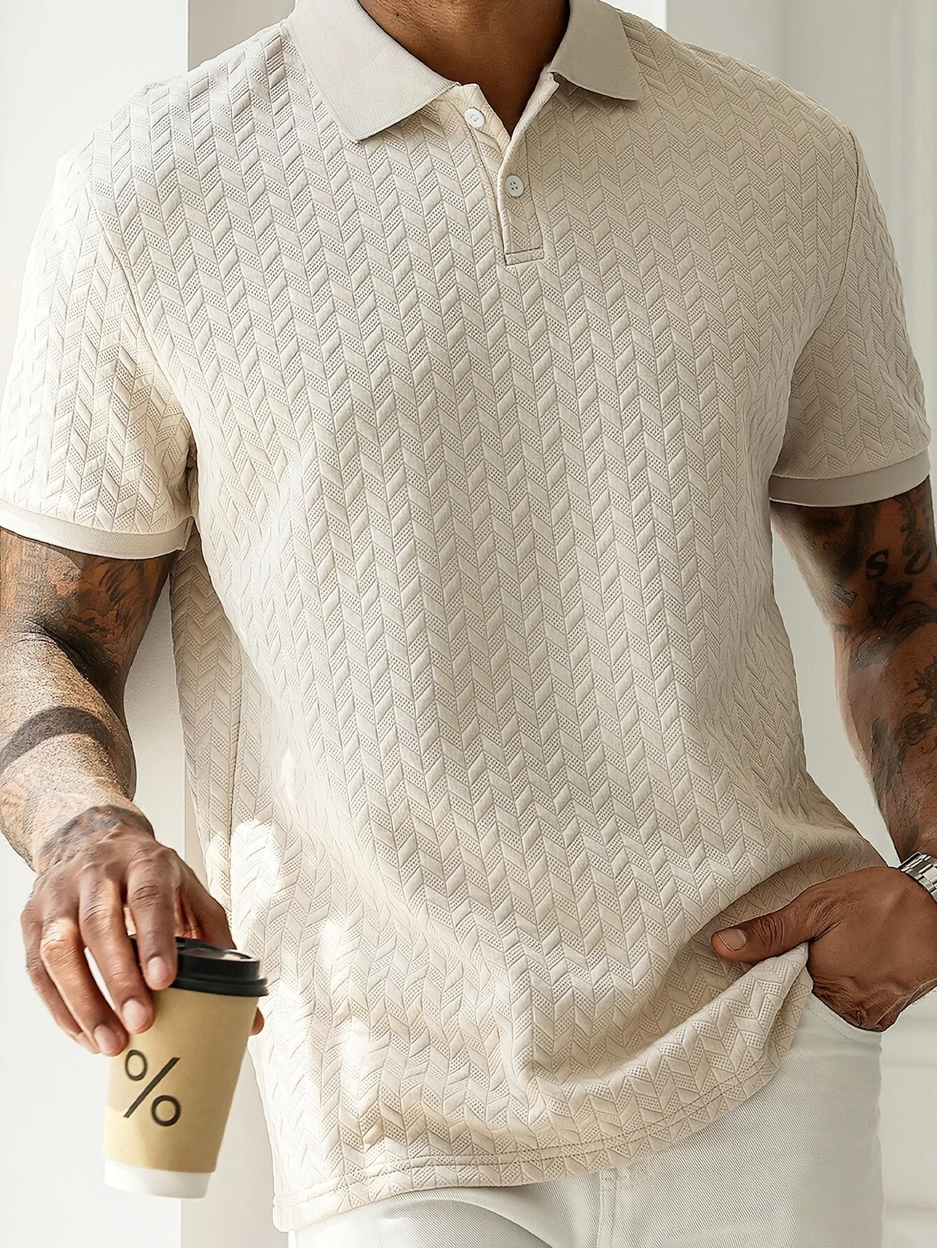 New Summer Short-Sleeved Polo Shirt for Men, Casual Color-Blocked Herringbone Texture Pullover Polo Shirt, Suitable for Everyday