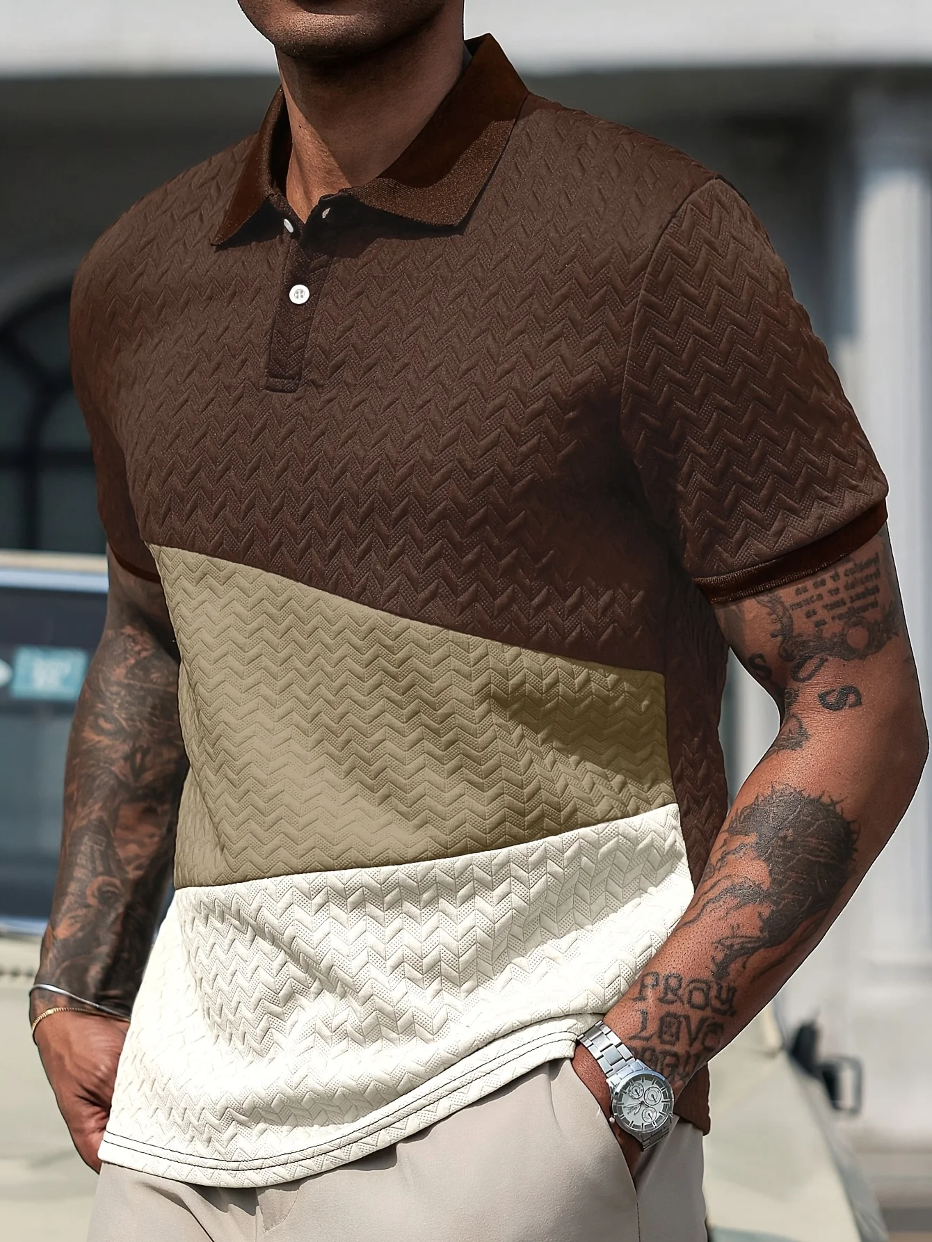 New Summer Short-Sleeved Polo Shirt for Men, Casual Color-Blocked Herringbone Texture Pullover Polo Shirt, Suitable for Everyday