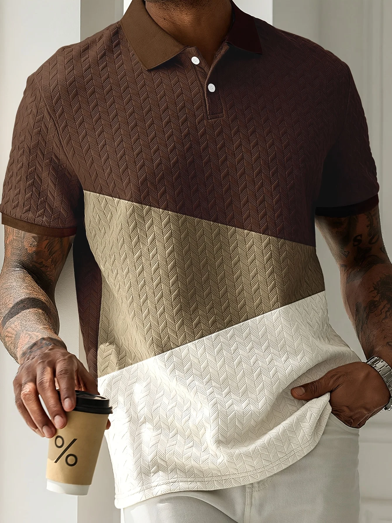 New Summer Short-Sleeved Polo Shirt for Men, Casual Color-Blocked Herringbone Texture Pullover Polo Shirt, Suitable for Everyday