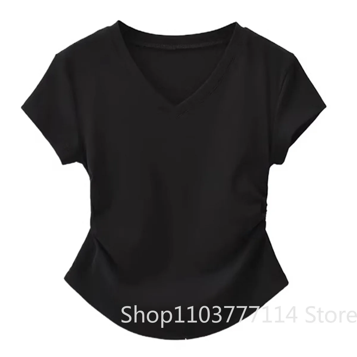 Summer Women's V-neck Pleated Short Sleeved T-shirt Covers The Stomach Showing Off Thinness and Noble Temperament Versatile Top