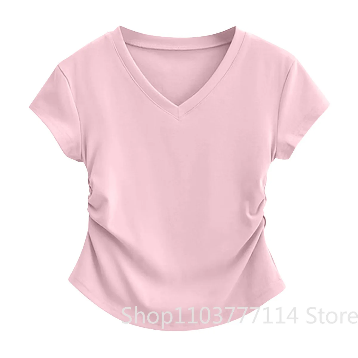 Summer Women's V-neck Pleated Short Sleeved T-shirt Covers The Stomach Showing Off Thinness and Noble Temperament Versatile Top