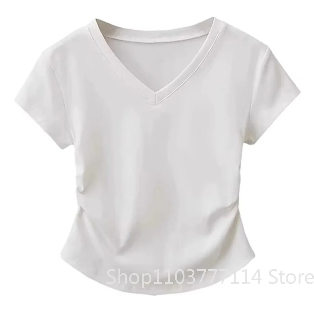 Summer Women's V-neck Pleated Short Sleeved T-shirt Covers The Stomach Showing Off Thinness and Noble Temperament Versatile Top