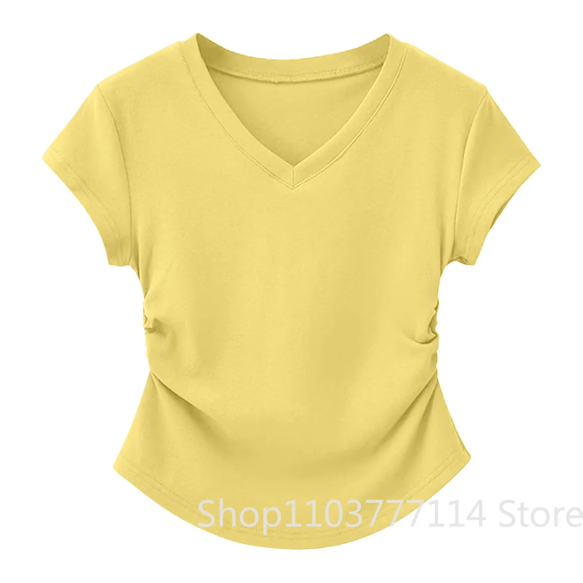 Summer Women's V-neck Pleated Short Sleeved T-shirt Covers The Stomach Showing Off Thinness and Noble Temperament Versatile Top