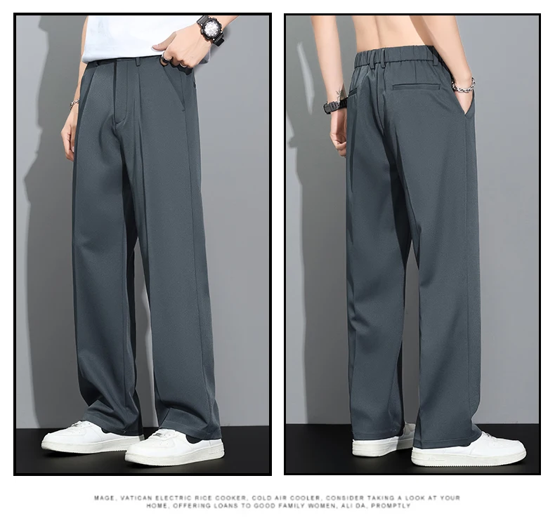 Men's 2026 Korean Style Loose Straight Leg Draping Lightweight Casual Pants Slacks Khaki Gray Black Trousers Male Autumn Winter